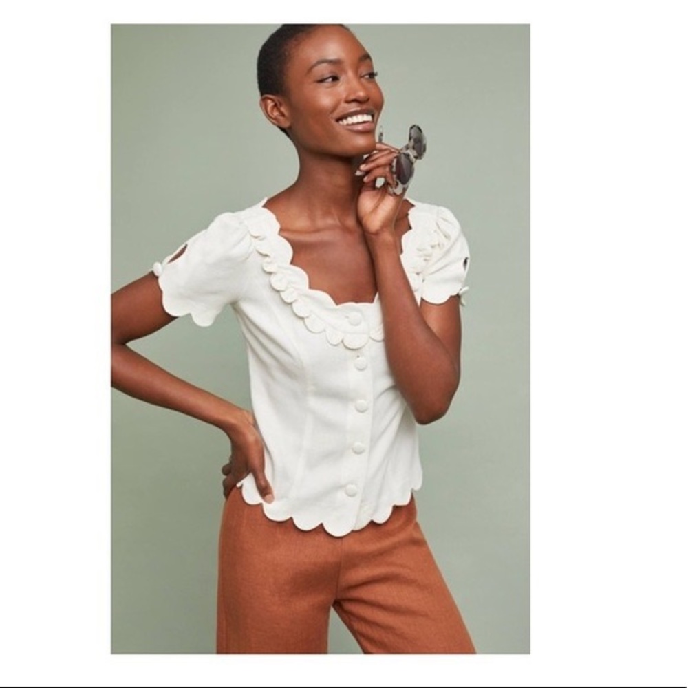 Anthropologie White Scalloped Blouse